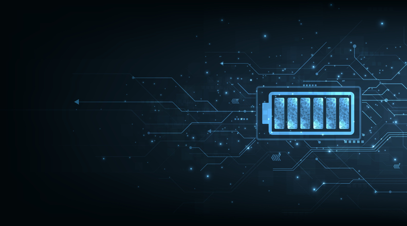 Battery performance graphic showing a digital image of a battery on the right with graphics behind it.